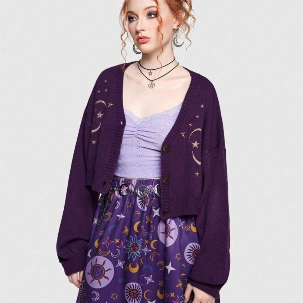 ROMWE Purple Cardigan with Star and Moon Embroidery - Picture 2 of 16